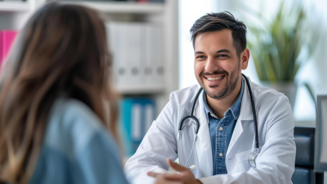 Ārsts pie galda sarunājas ar pacientu